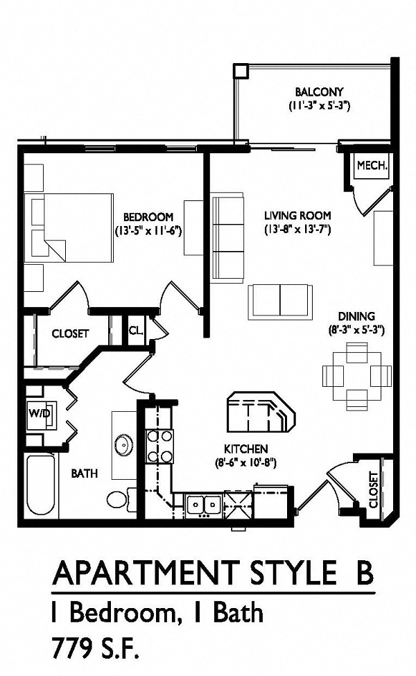 Floor plan for 1 bed, 1 bath, 779 sqft